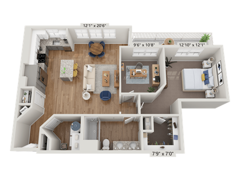 Floor plan for 1 bed, 1 bath, 1018 sqft